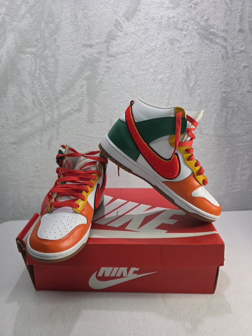 Mens Nike Dunk High Chenille Swoosh Sneakers Green Red Orange Yellow - Picture 3 of 9